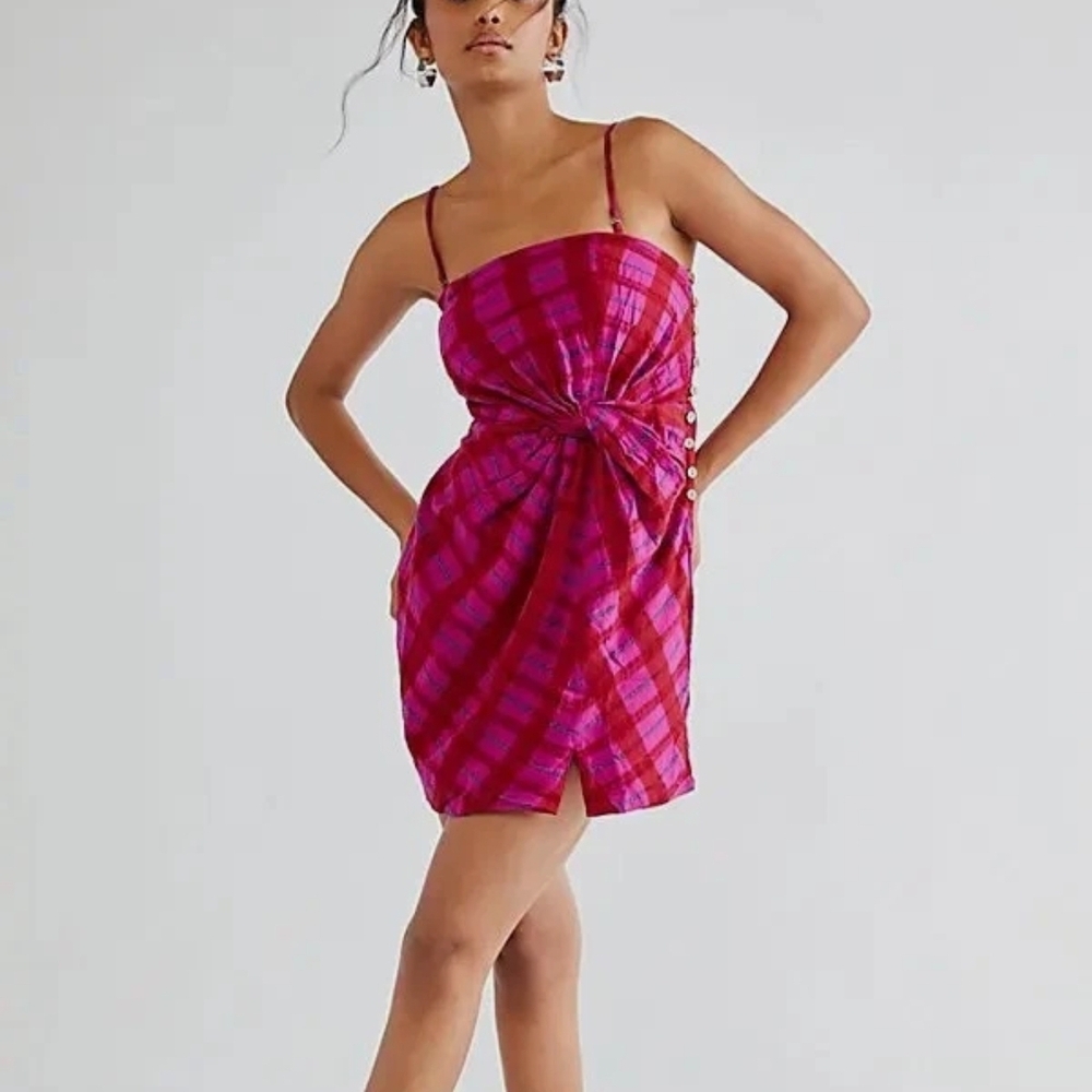 Free People "Suits Me Fine" Mini Strapless Dress Pink Plaid Sz S Boho Y2K FP - Picture 3 of 10